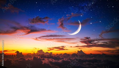 Dramatic Sunset Sky Over Horizon Featuring Crescent Moon Above Clouds with Orange and Blue Hues and Starry Night