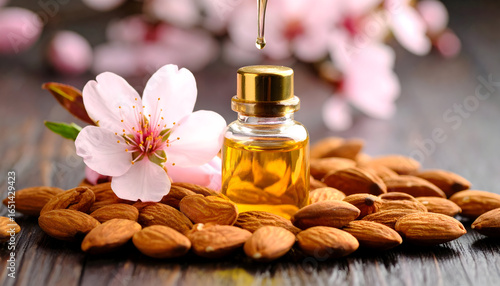 Amber Glass Bottle Surrounded By Almonds And Pink Cherry Blossoms With Droplet