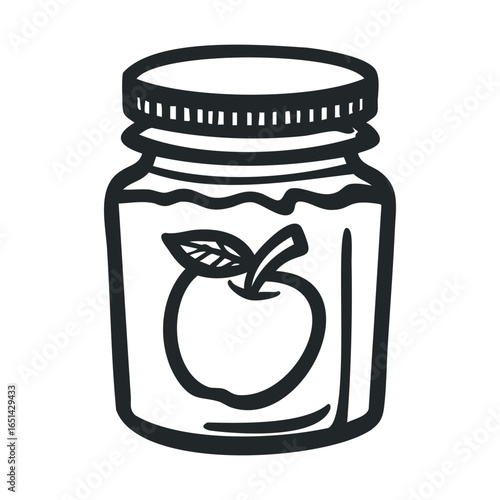 Black and white line drawing of apple jam jar with lid and leaf design