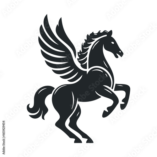 Majestic black pegasus silhouette with wings in a dynamic pose