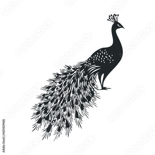 Elegant silhouette of a majestic peacock with detailed plumage