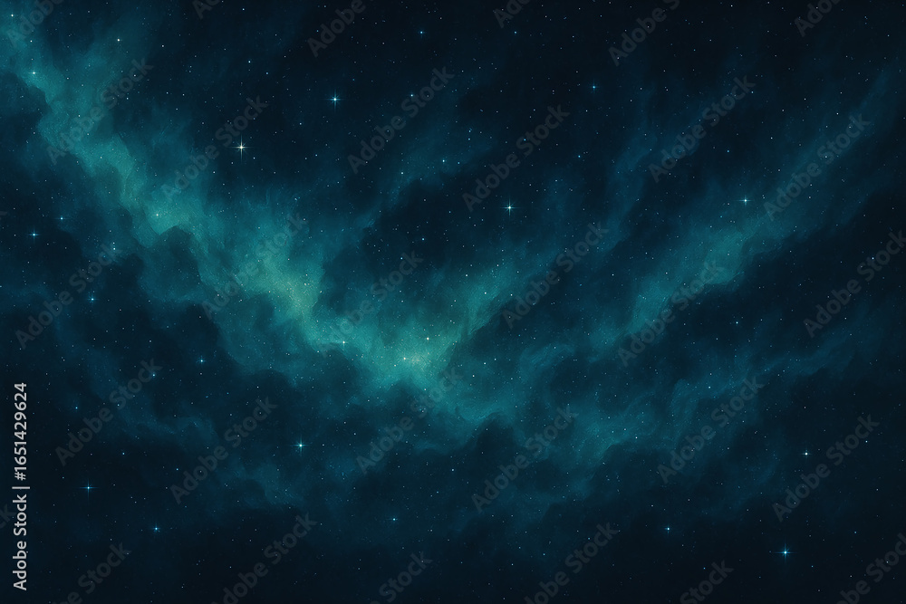 Fototapeta premium A mesmerizing cosmic scene showcasing swirling clouds of teal and deep blues, dotted with bright stars against a dark starry backdrop.
