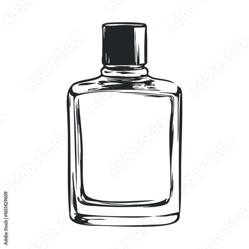 Sketch of a glass perfume bottle with cap in monochrome
