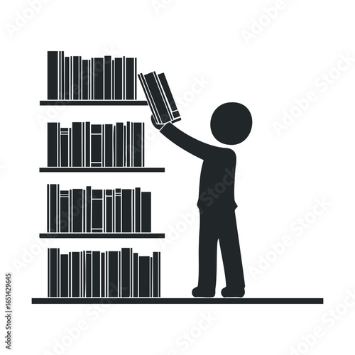 Stick figure in library reaching for book on shelf