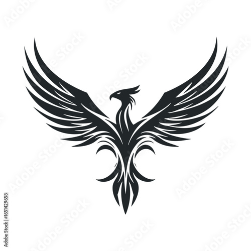 Majestic black phoenix with outstretched wings on white background