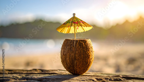 Coconut Cocktail On Sandy Beach With Sunlit Background And Beach Umbrella