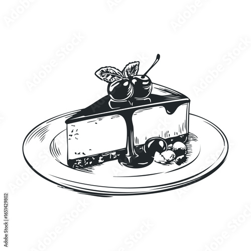 Black and white sketch of cherry topped cheesecake on plate with mint leaves