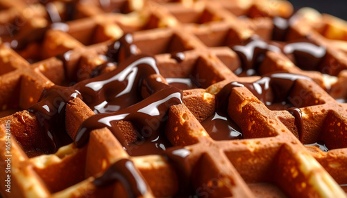 Close Up View Of A Waffle With Dripping Chocolate Syrup In Brown Tones and Textured Surface