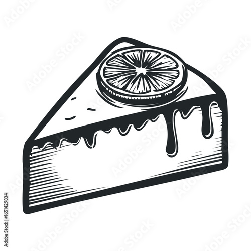 Black and white illustration of a slice of cake with orange topping