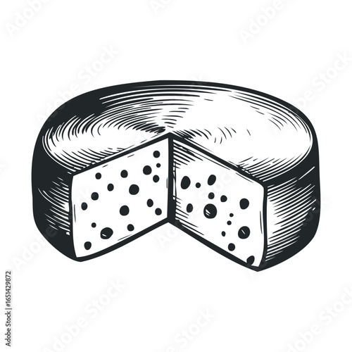 Vintage black and white cheese illustration with holes and detailed texture