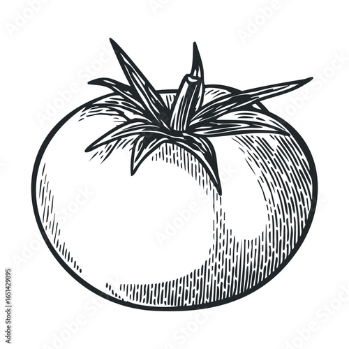 Vintage black and white tomato illustration with detailed line art
