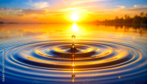 Droplet impact on water creating ripples under a vibrant orange sunset with reflecting sunlight