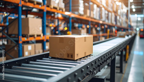 Cardboard Box Traveling On Conveyor Belt In Warehouse Setting With Shelves And Boxes