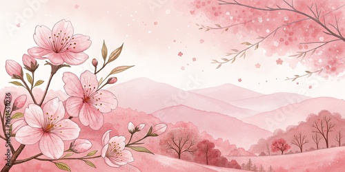 Pink Blossom Watercolor Landscape Cherry Tree, Mountain Range, Floral Composition, Soft Hues, Pastel Art Cherry blossoms, watercolor painting