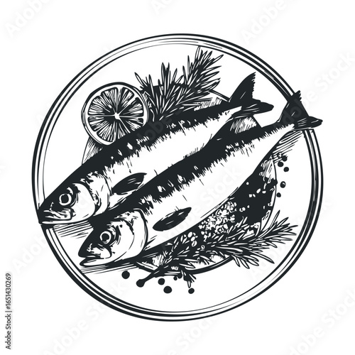 Illustration of fresh mackerel fish with herbs and lemon on plate