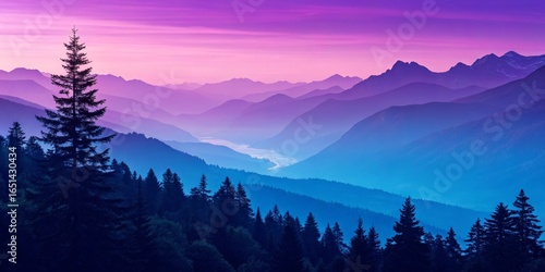 Purple Mountain Range Silhouette at Sunrise, Landscape Photography, Color Gradient, Coniferous Forest Mountain Landscape, Sunrise Photography