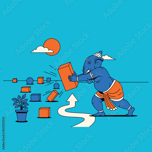 A powerful illustration of Lord Ganesha, the remover of obstacles, clearing a path for progress and growth against a bright, modern background.