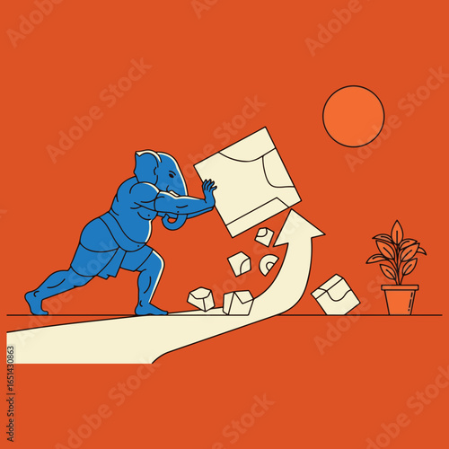 A creative illustration of Lord Ganesha, the remover of obstacles, pushing a symbolic block to create an upward-trending growth arrow.