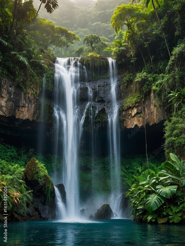 Naklejka premium Majestic Tropical Waterfall in Lush Rainforest