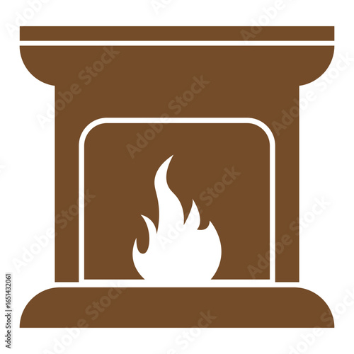 Classic stone fireplace with burning logs and a chimney hearth icon