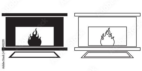 Four Black and White Fire Pit Icons with Flames and Burning Wood Illustration