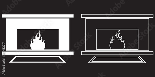 Four Black and White Fire Pit Icons with Flames and Burning Wood Illustration