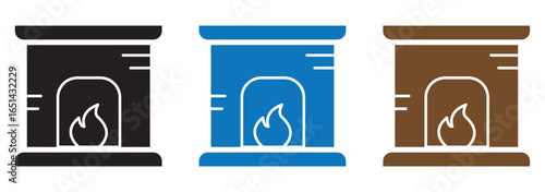 Four Black and White Fire Pit Icons with Flames and Burning Wood Illustration