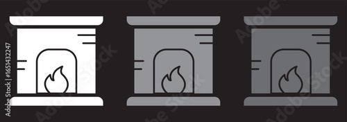Four Black and White Fire Pit Icons with Flames and Burning Wood Illustration