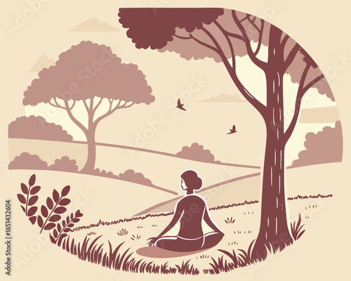 Serene Meditation in Nature Artwork Depicting Mindfulness and Harmony in the Landscape with Birds and Trees