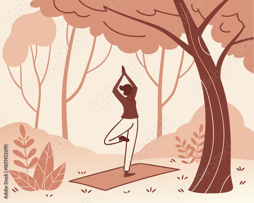 Woman Practicing Yoga Tree Pose in Nature with Abstract Trees and Soft Colors Serene Outdoor Wellness Concept Illustration