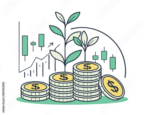 Financial Growth Illustration with Money Stacks Plant and Investment Chart Representing Success and Profitability