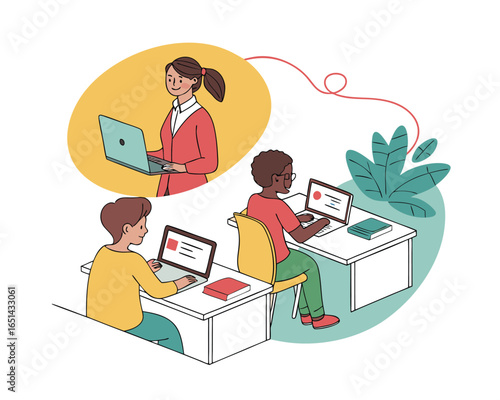 Online meeting and education concept featuring diverse students and teacher using laptops for remote learning and virtual communication