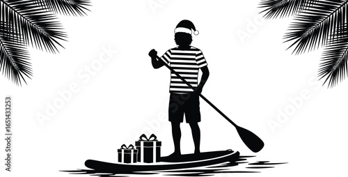 Vector art of silhouette of man with santa hat and gifts on paddleboard