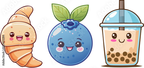 Cute cartoon illustrations of a croissant, blueberry, and boba tea with smiling faces








