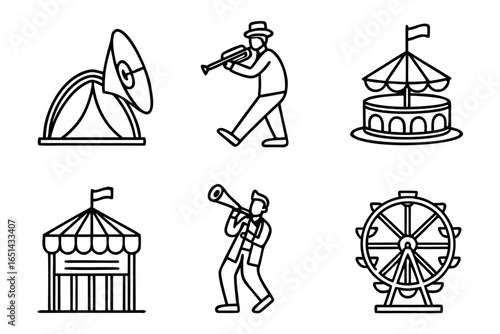 Set of carnival and music icons isolated on white background