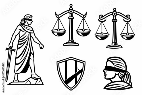 Set of justice and law icons isolated on white background