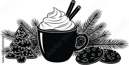 Vector art of christmas hot chocolate with cookies and cinnamon sticks