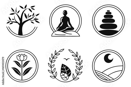 Collection of wellness and nature icons isolated on white background