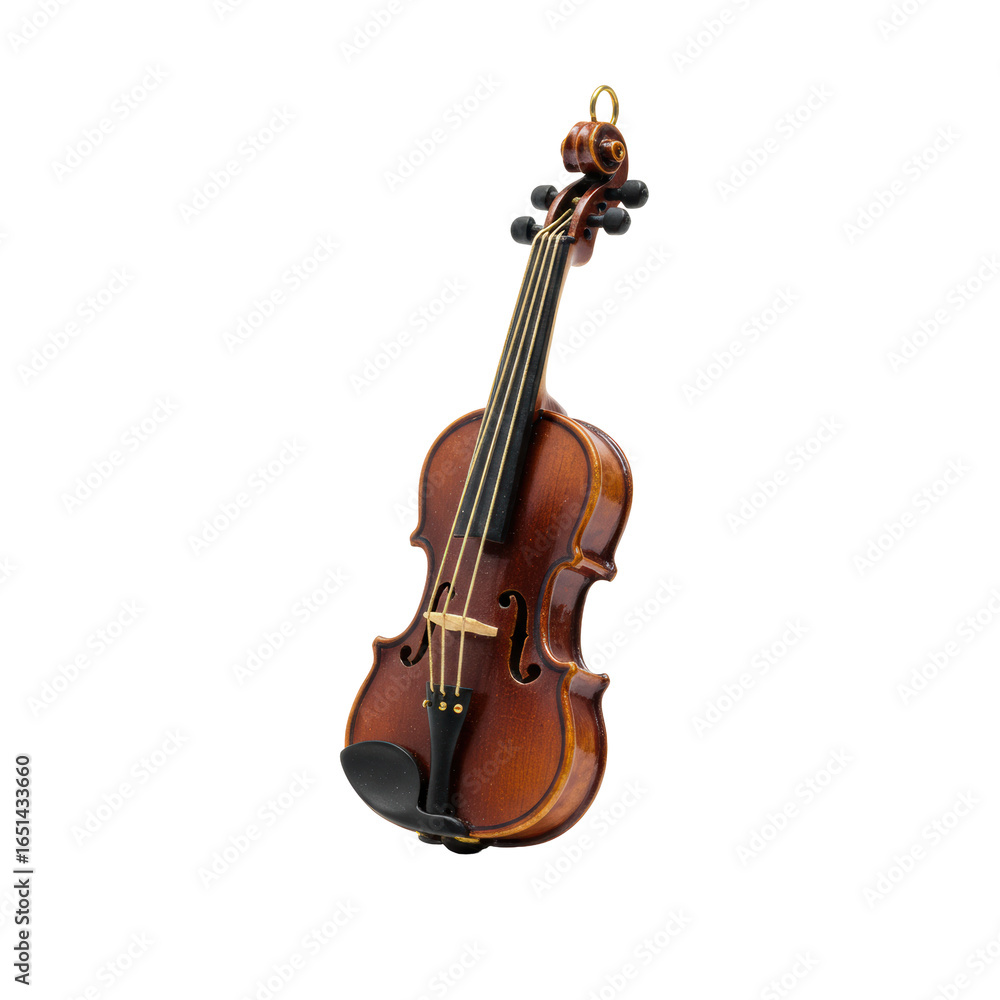Fototapeta premium Exquisite miniature violin ornament of dark polished wood with intricate brass, delicate strings, detailed scroll, on transparent studio background with no shadows, floating appearance, concept of