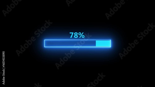 Glowing neon-style loading bar animation isolated on black background, waiting, processing concept