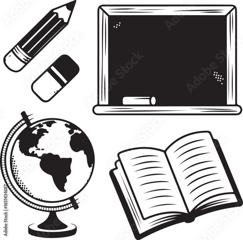 Vintage Halftone Grunge Illustration Pack of Classroom Objects Pencil, Eraser, Globe, Open Book, and Chalkboard