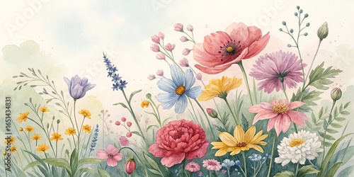 Watercolor Wildflower Meadow Floral Composition, Pastel Palette, Botanical Art, Flower Painting, Spring Blooms Wildflowers, Watercolor Painting