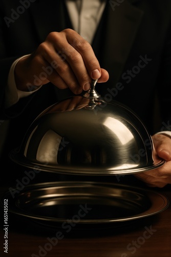 Male waiter unveiling silver cloche in elegant setting