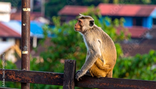 Monkey perched on a wooden fence.