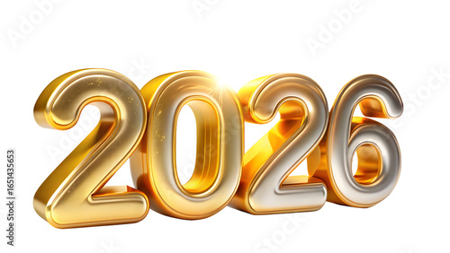Metallic gold and silver 2026 new year design isolated on transparent background