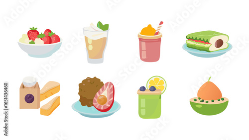 Illustration showcasing a variety of desserts and sweet treats on individual plates and cups neatly arranged