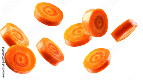 Vibrant carrot slices suspended in motion against a clean white background, showcasing fresh ingredients.