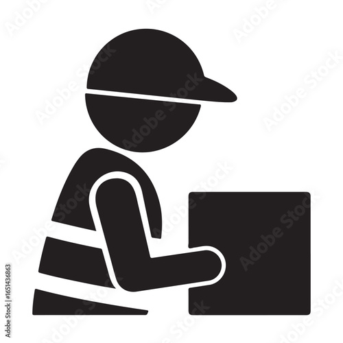 Black silhouette of a person in a cap holding a box delivery package