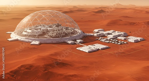 Sci-fi dome city on Mars, red desert surroundings