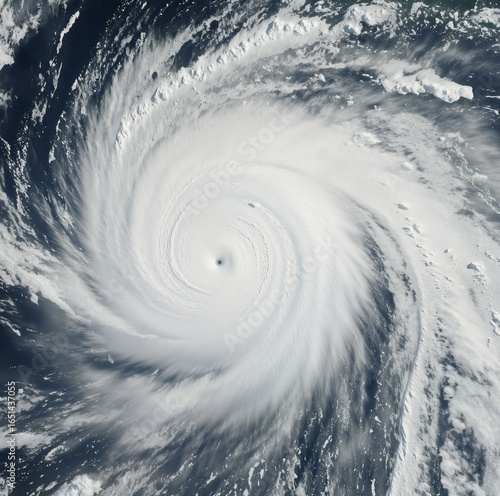 A powerful hurricane captured from space, showcasing its swirling clouds and eye in the center, with surrounding stormy weather patterns
